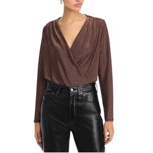 Status by Chenault Bronze Slinky Surplice Long Sleeve Metallic Top Large